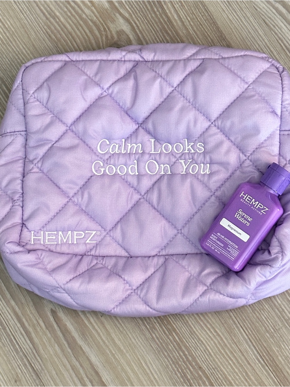 Hempz Lavender Quilted Cosmetic Pouch with Purple Moisturizer Bottle